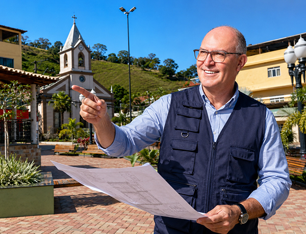 Beto Guimarães com projeto em mãos na praça da cidade